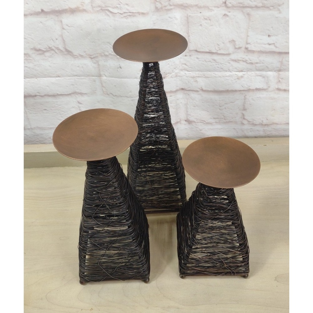 Candle Holders Set of 3 Metal Wire Wrap Brutalist Rustic Decor Copper Color MCM